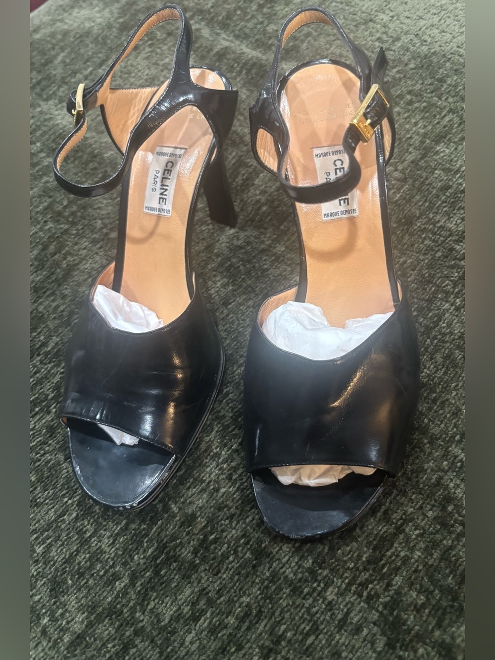 VTG Celine Black All Leather Open-Toe Wide Vamp Strap Heels Ankle Strap Sz 38/8